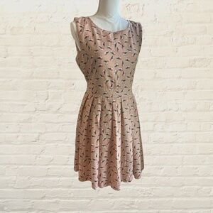 Purplish London Dress Pink Bird Print Bow Sleeveless Party Pleated Skirt M/L